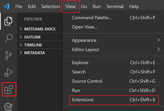 Screenshot shows the Extensions option under View.
